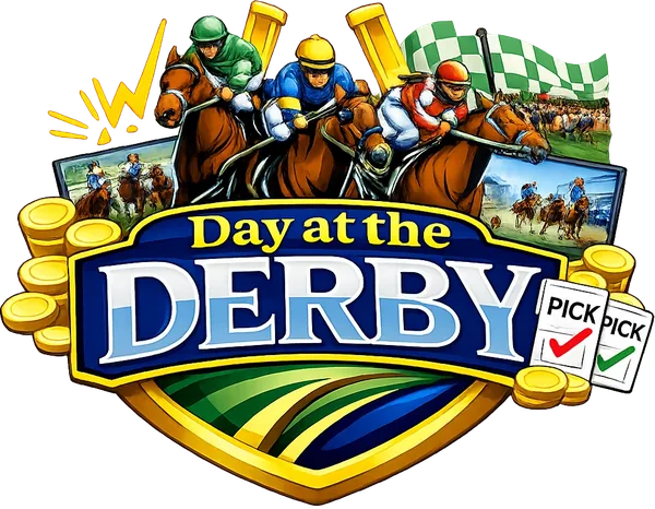 Day at the Derby shield badge with racing silks and a checkered flag