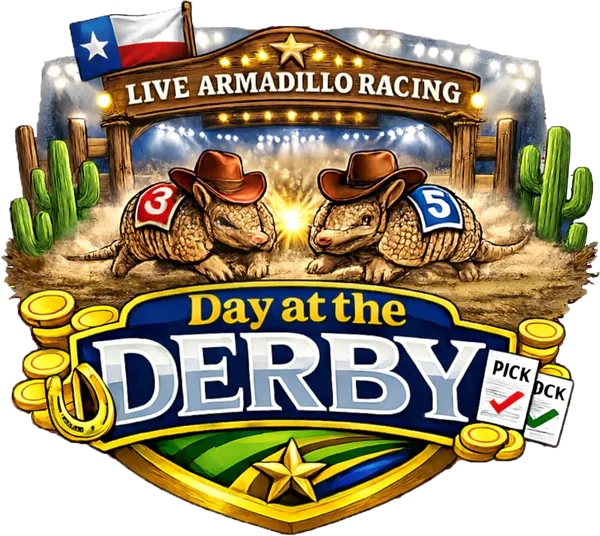 Armadillo Racing badge, two armadillos in cowboy hats under a Texas flag