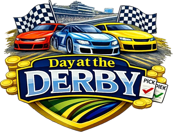 Victory Lane badge, three stock cars between checkered flags