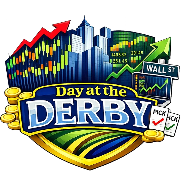 Stock Market Mania badge, a candlestick skyline beneath a Wall St sign