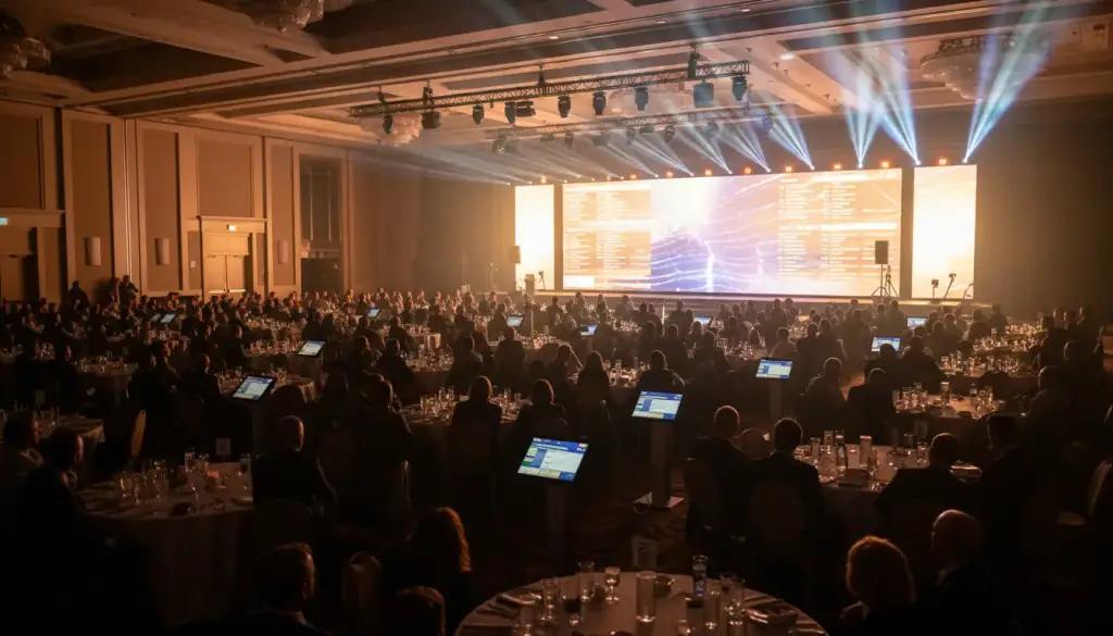 A branded activation in a convention ballroom, guests at kiosks facing a lit screen